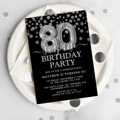 Modern Black  Silver 80th Surprise Birthday Party Invitation
