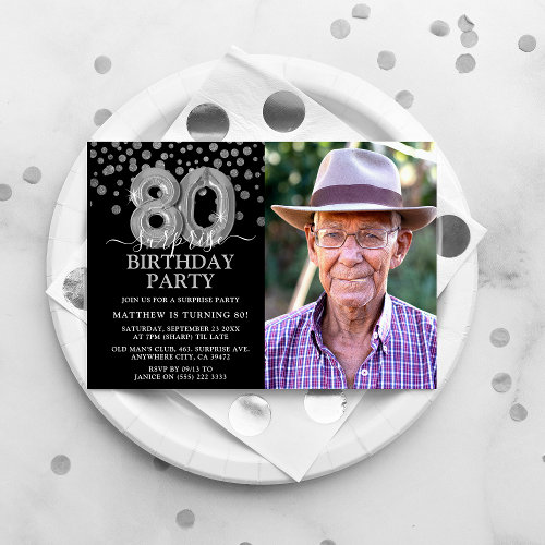 Modern Black & Silver 80th Surprise Birthday Photo