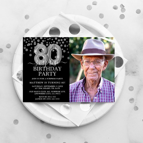 Modern Black  Silver 80th Surprise Birthday Photo Invitation