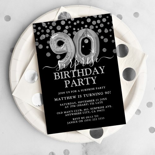 Modern Black  Silver 90th Surprise Birthday Party Invitation