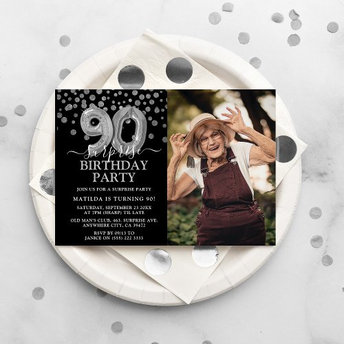 Modern Black  Silver 90th Surprise Birthday Photo Invitation