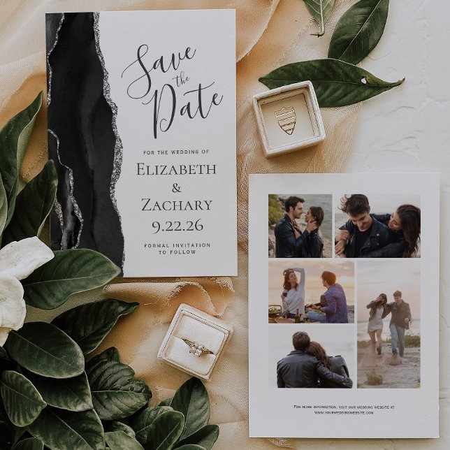 Modern Black Silver Agate 5-Photo Save the Date (Creator Uploaded)
