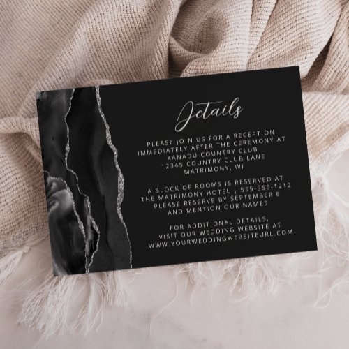 Modern Black Silver Agate Dark Wedding Details Enclosure Card