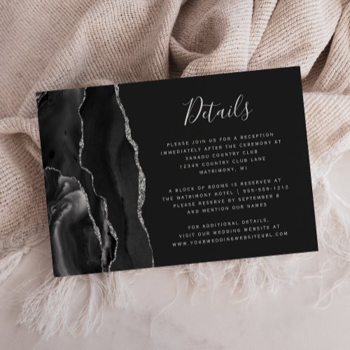 Modern Black Silver Agate Dark Wedding Details Enclosure Card