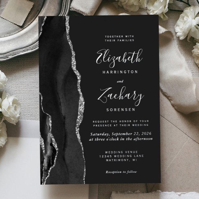 Modern Black Silver Agate Dark Wedding Foil Invitation (Creator Uploaded)