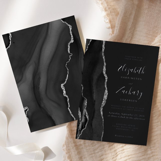 Modern Black Silver Agate Dark Wedding Foil Invitation (Creator Uploaded)