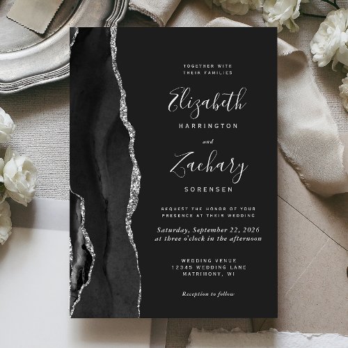 Modern Black Silver Agate Dark Wedding Invitation