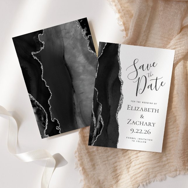 Modern Black Silver Agate Save the Date (Creator Uploaded)