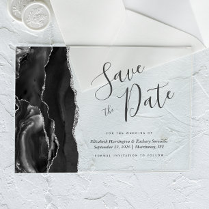 Modern Black Silver Agate Save the Date