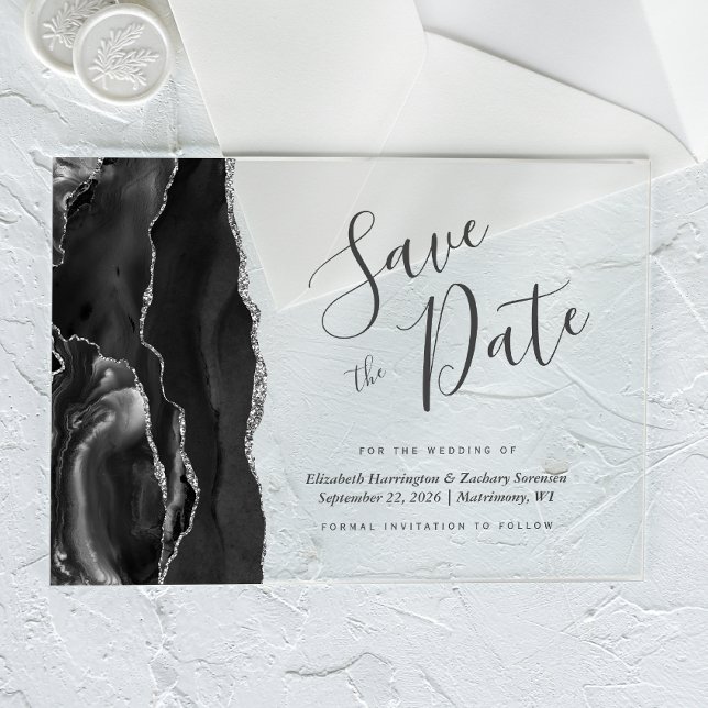 Modern Black Silver Agate Save the Date Acrylic Invitations (Creator Uploaded)