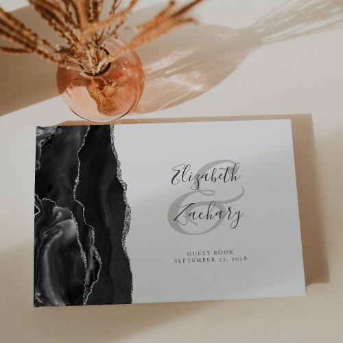 Modern Black Silver Agate Script Guest Book