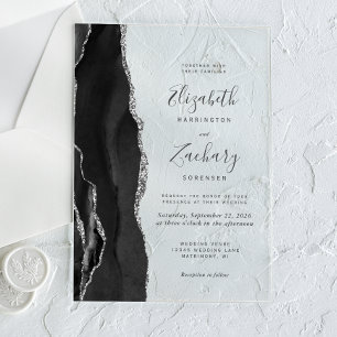 Modern Black Silver Agate Wedding Acrylic Invitations