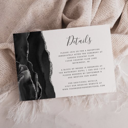 Modern Black Silver Agate Wedding Details Enclosure Card