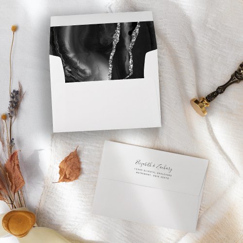 Modern Black Silver Agate Wedding Envelope