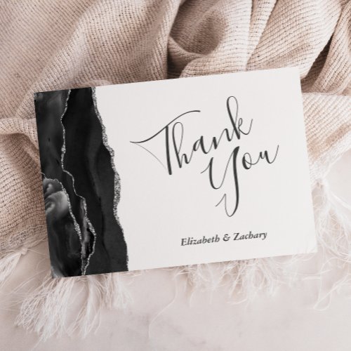 Modern Black Silver Agate Wedding Flat Thank You Card