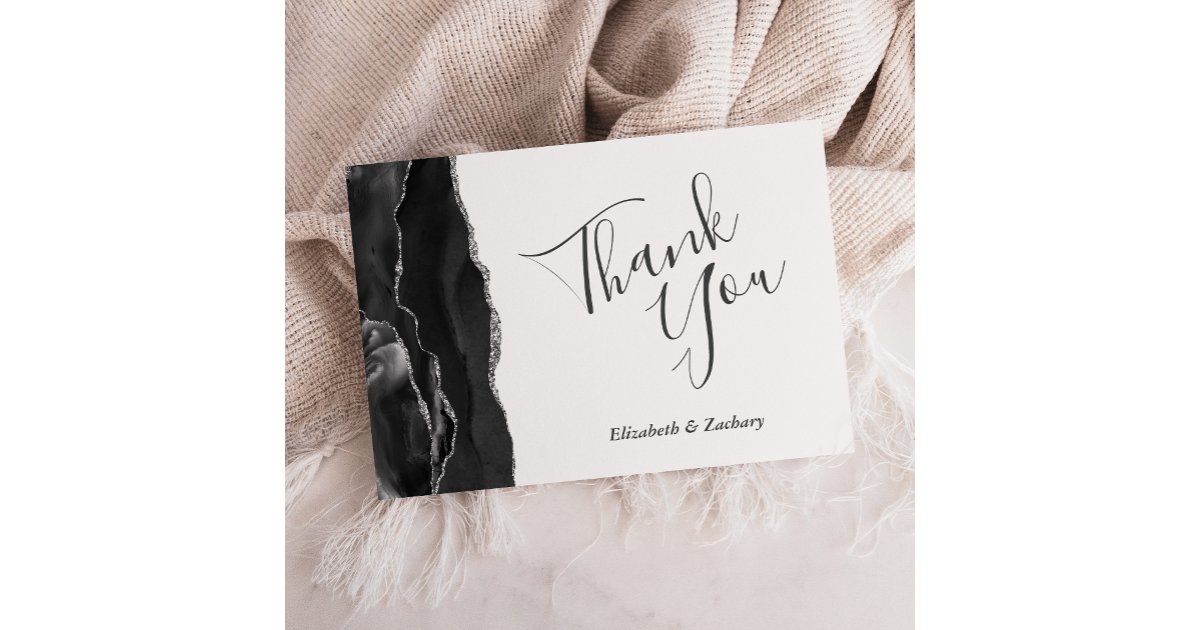Modern Black Silver Agate Wedding Flat Thank You Card | Zazzle
