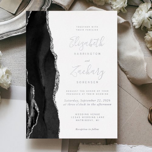 Modern Black Silver Agate Wedding Foil Invitation