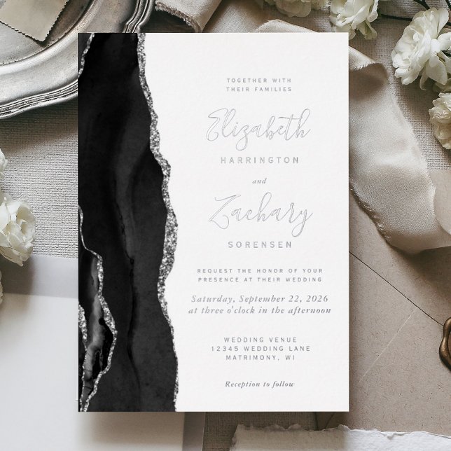 Modern Black Silver Agate Wedding Foil Invitation (Creator Uploaded)
