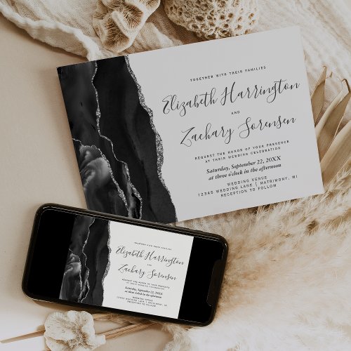 Modern Black Silver Agate Wedding Invitation