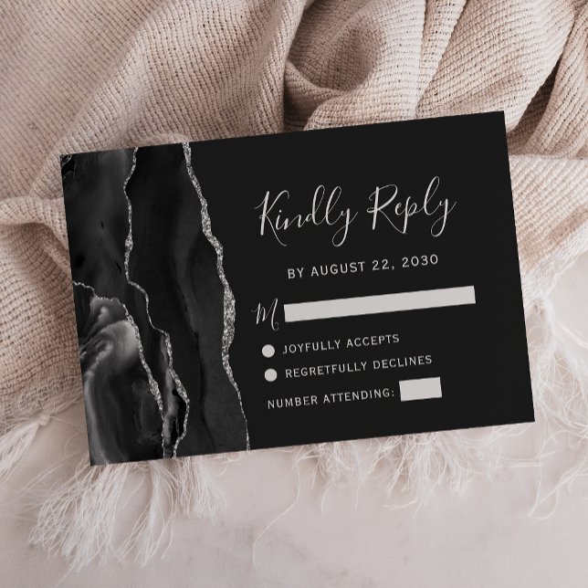 Modern Black Silver Agate Wedding RSVP (Creator Uploaded)