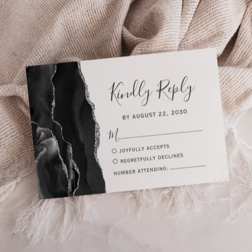 Modern Black Silver Agate Wedding RSVP Card