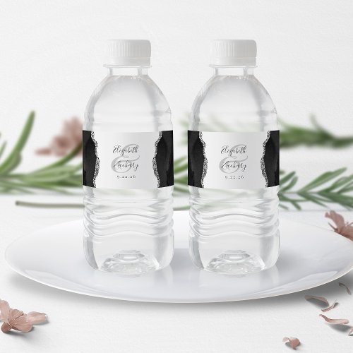 Modern Black Silver Agate Wedding Water Bottle Label