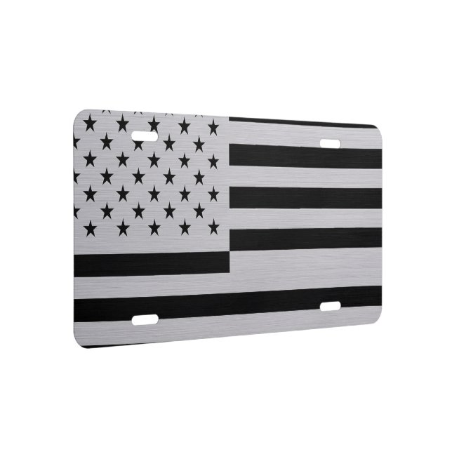 Modern Black & Silver American Flag Brushed Metal License Plate (Right)