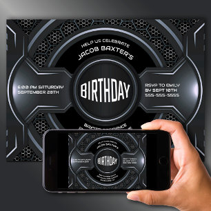 Modern Black Silver Any Age Birthday Party Invitation