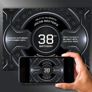 Modern Black Silver Any Age Birthday Party Invitation