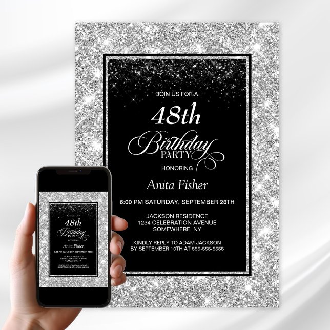 Modern Black Silver Any Age Birthday Party Invitation (Creator Uploaded)