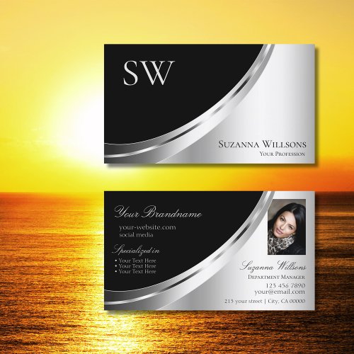 Modern Black Silver Decor with Monogram and Photo Business Card