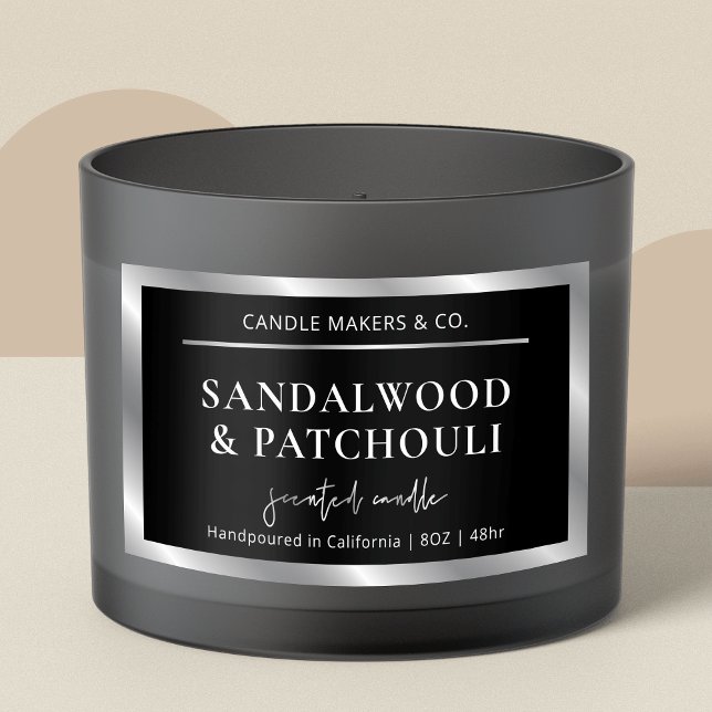 Modern Black Silver Elegant Jar Packaging Candle Rectangular Sticker (Large candle jar rectangle label in black and silver, featuring faux silver effect and stylish fonts)