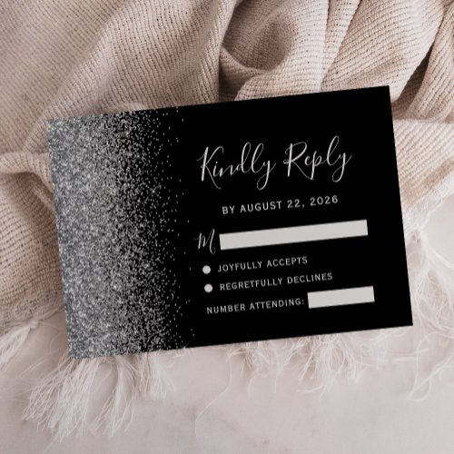 Modern Black Silver Faux Glitter Edge RSVP Card