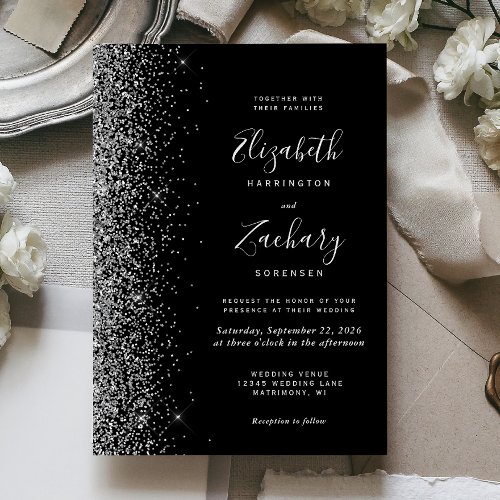 Modern Black Silver Faux Glitter Edge Wedding Invitation