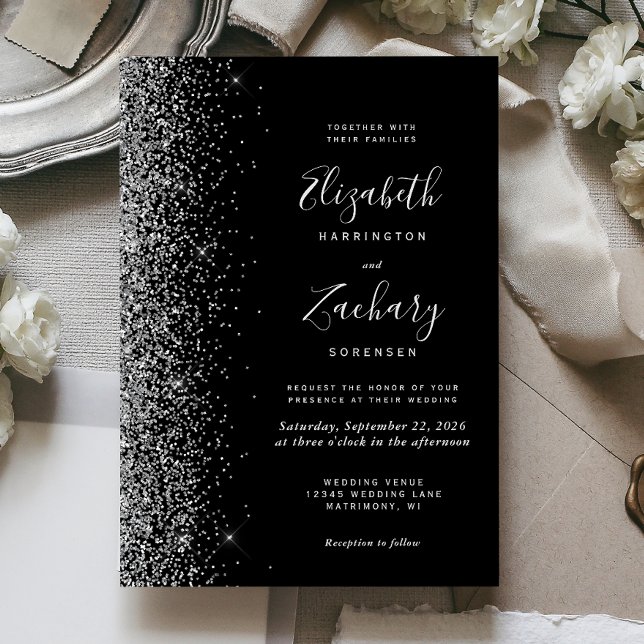 Modern Black Silver Faux Glitter Edge Wedding Invitation (Creator Uploaded)
