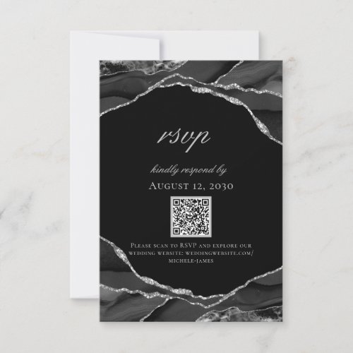 Modern Black Silver Foil Agate Wedding RSVP Card