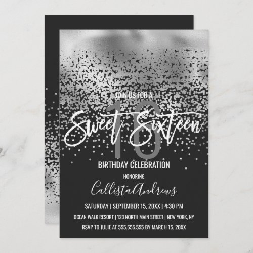 Modern Black Silver Foil Confetti Ombre Sweet 16 Invitation