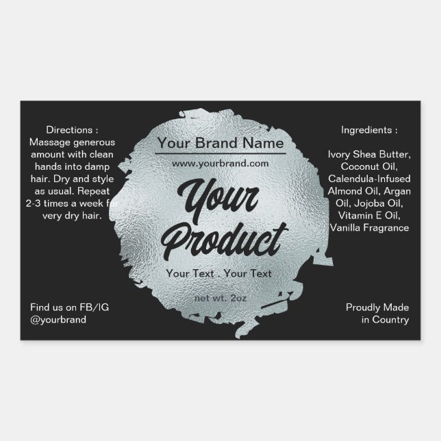 Modern Black Silver Foil Glamorous Luxury Custom Rectangular Sticker (Front)
