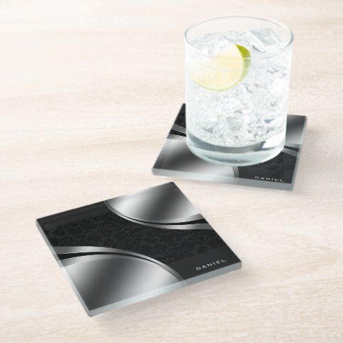 Modern Black Silver Geometric Shapes Monogram  Glass Coaster