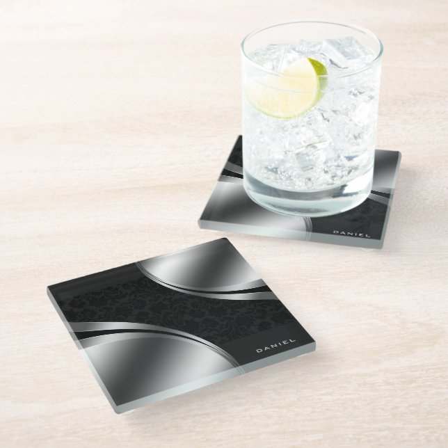 Modern Black Silver Geometric Shapes Monogram  Glass Coaster (Angled)