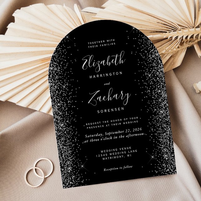 Modern Black Silver Glitter Arch Wedding Invitation (Creator Uploaded)