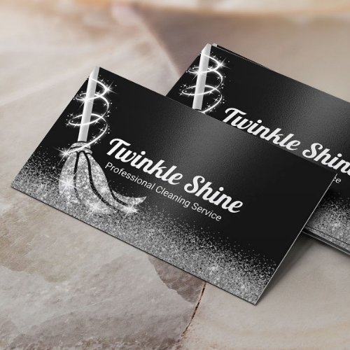 Modern Black  Silver Glitter Cleaning Service Business Card