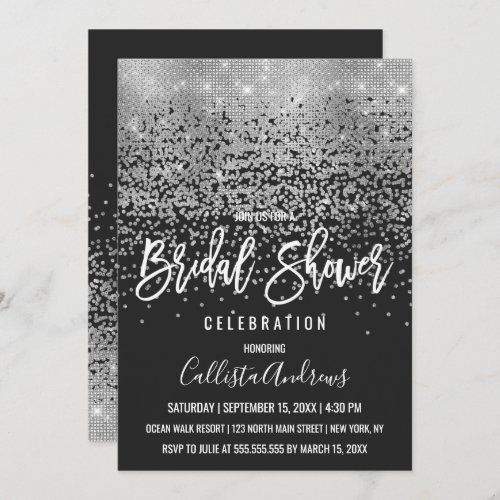 Modern Black Silver Glitter Confetti Bridal Shower Invitation