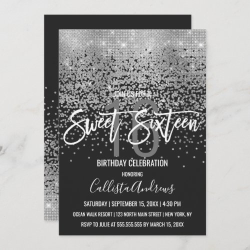 Modern Black Silver Glitter Confetti Sweet 16 Invitation