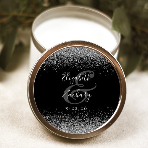 Modern Black Silver Glitter Edge Wedding Classic Round Sticker