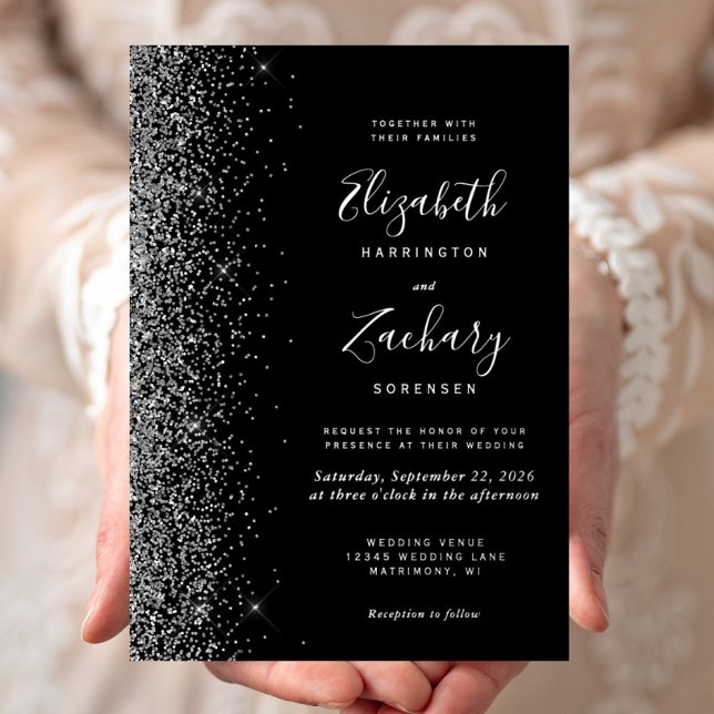 Modern Black Silver Glitter Edge Wedding Foil Invitation (Creator Uploaded)