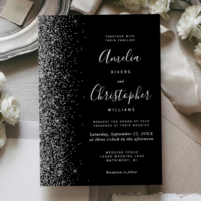 Modern Black Silver Glitter Edge Wedding Foil Invitation (Creator Uploaded)