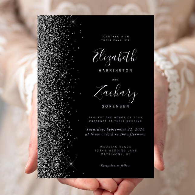 Modern Black Silver Glitter Edge Wedding Foil Invitation (Creator Uploaded)