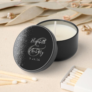 Modern Black Silver Glitter Edge Wedding Mini Candle Favors