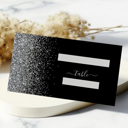 Modern Black Silver Glitter Edge Wedding Place Card